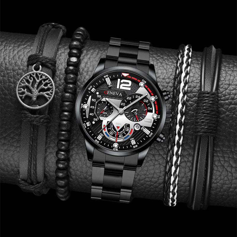 2pcs Men's New Popular Steel Strip Fashion Business Three Eye Quartz Watch Bracelet Set Valentine's Day Gifts